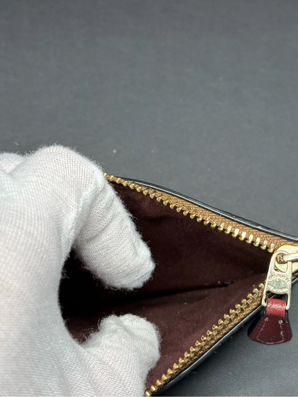 Coach Brown Signature Zip Card Case with Gold Logo and Playful Print